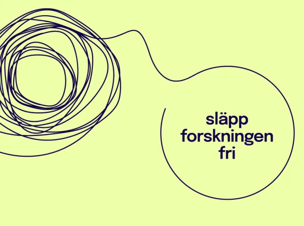 En bild med ljusgul bakgrund och texten ”släpp forskningen fri" i blått.