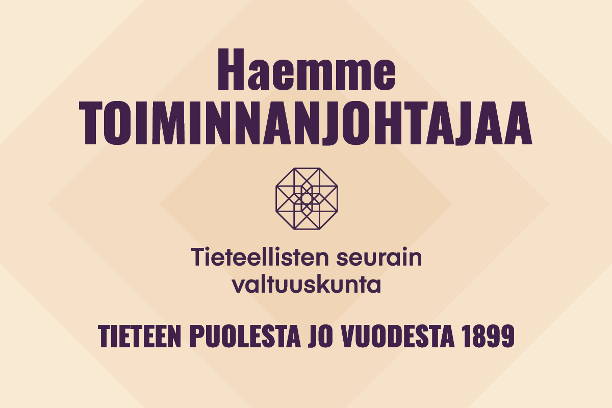 Teksti "Haemme toiminnanjohtajaa" ja Tieteellisten seurain valtuuskunnan logo.