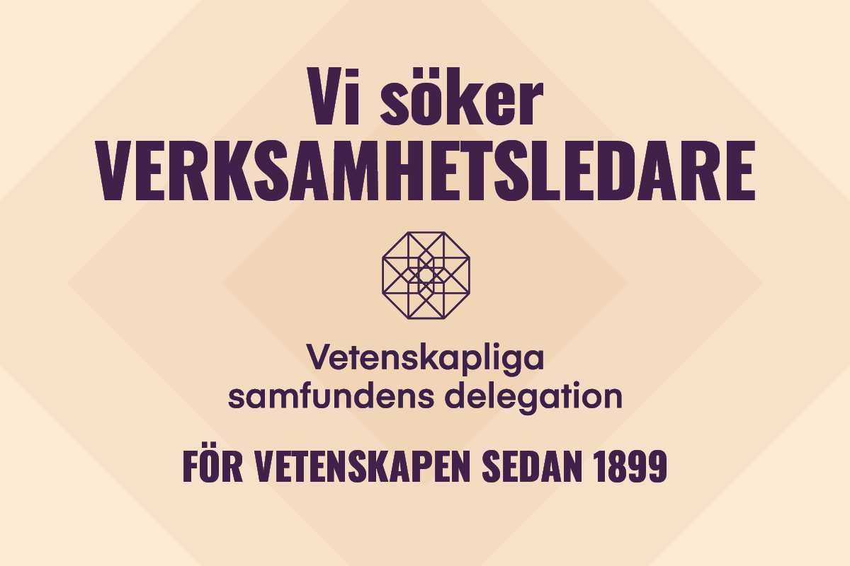 Text "Vi söker verksamhetsledare", Vetenskapliga samfundens delegations logo och text "För vetenskapen sedan 1899".