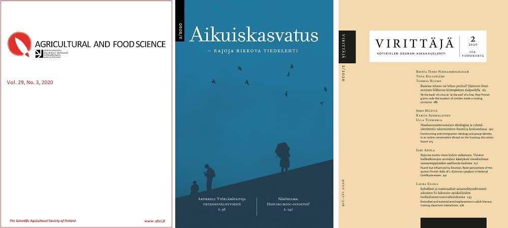 Kolmen lehden kansikuvat, Virittäjä, Aikuiskasvatus ja Agriculture and Food science.