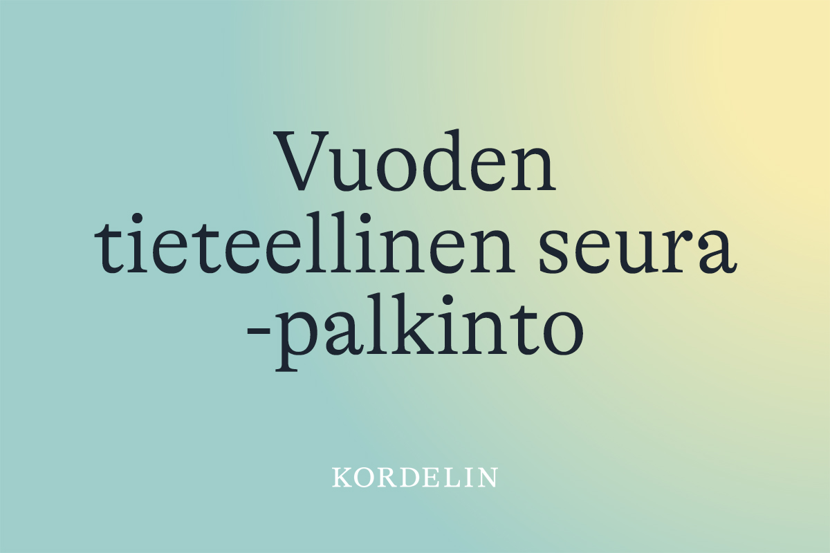 Teksti "Vuoden tieteellinen seura -palkinto" ja Alfred Kordelinin säätiön logo.