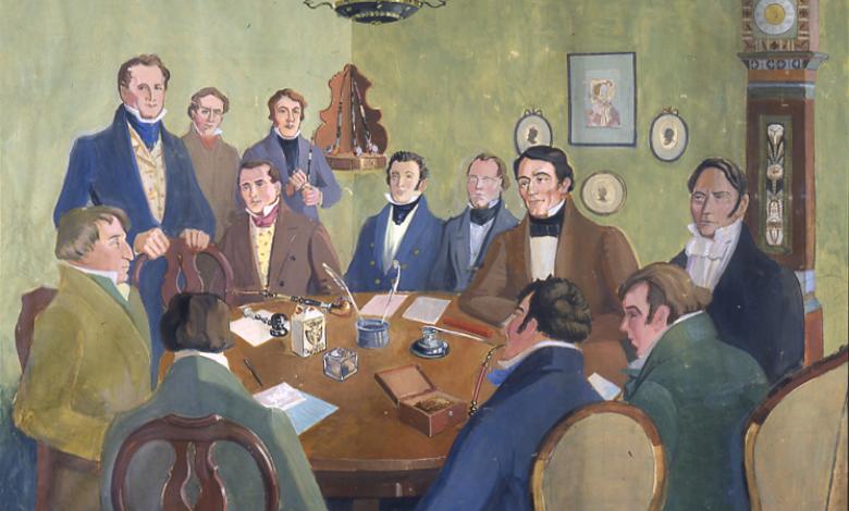 Målning på tolv män runt ett bord. På bordet finns papper, fjäderpennor och en ordförandeklubba. Flera pipor är synliga.