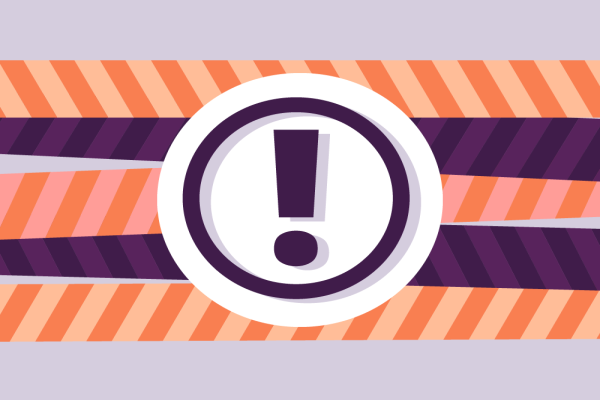 Koristeellinen liilaoranssikuva, jossa huutomerkki.