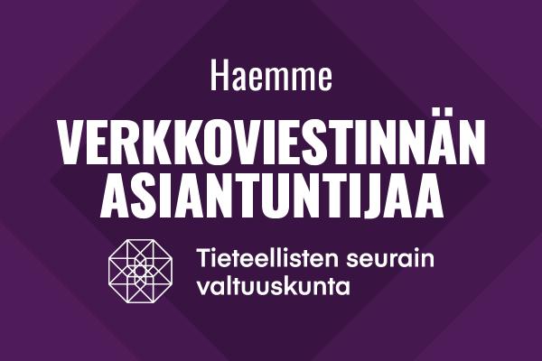 Liilalla taustalla valkoisella tekstillä "haemme verkkoviestinnän asiantuntijaa" ja TSV:n koristeellinen logo. 