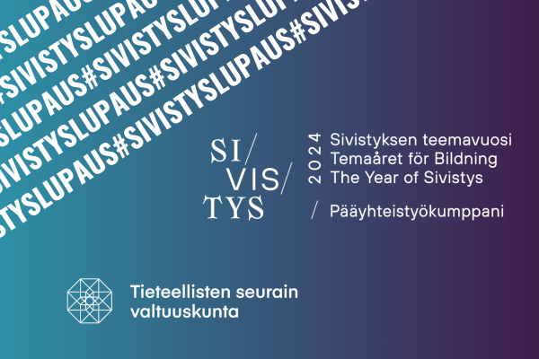 Kuvassa Sivistyksen teemavuoden ja TSV:n logot liilasinistä taustaa vasten. Kuvassa valkoisella tekstiä #sivistyslupaus. 