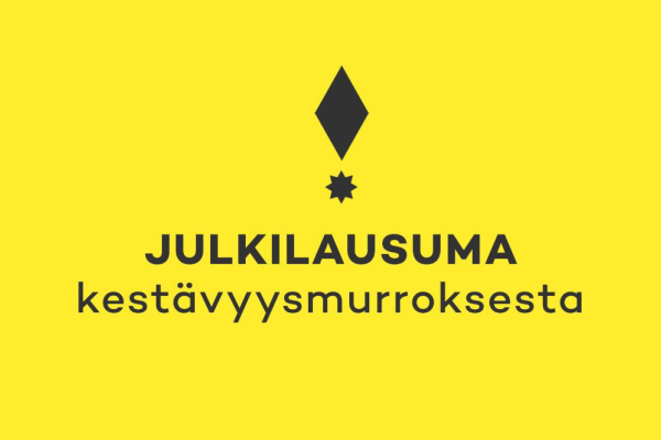 Kirkkaan keltaisella pohjalla musta huutomerkki ja teksti "julkilausuma kestävyysmurroksesta"