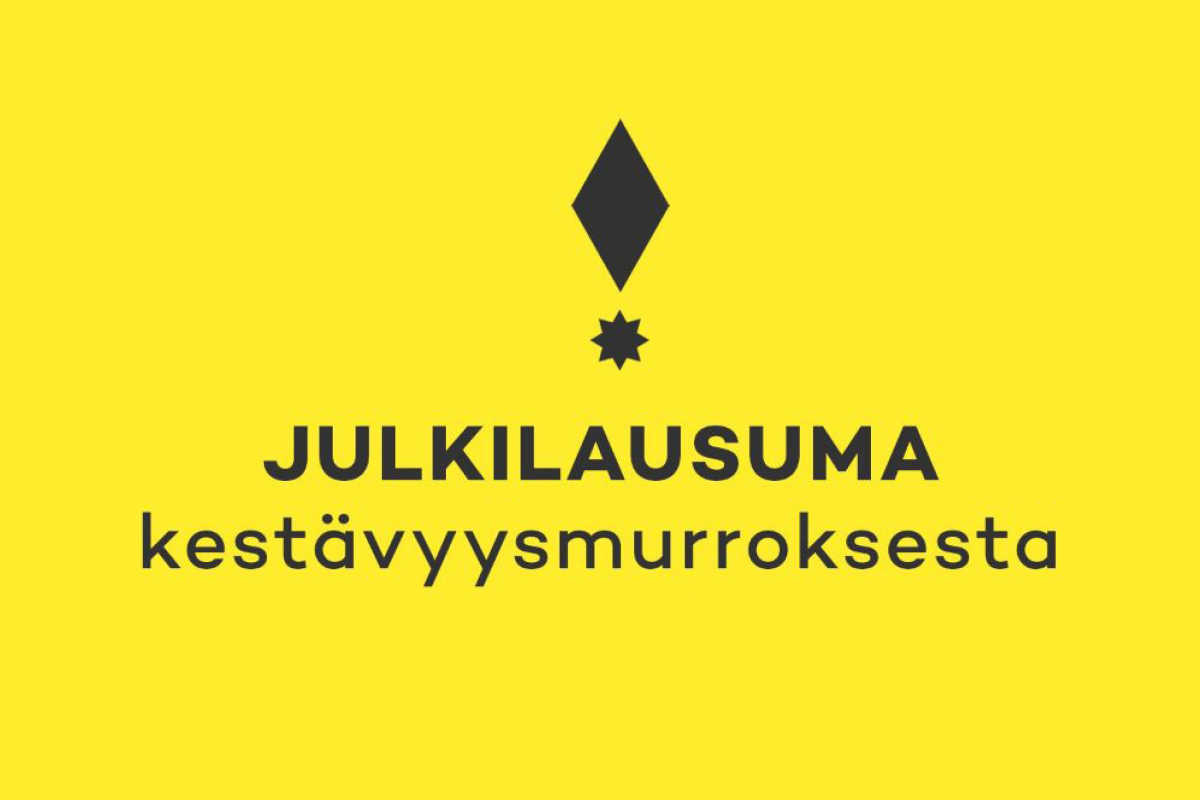 Kirkkaan keltaisella pohjalla musta huutomerkki ja teksti "julkilausuma"