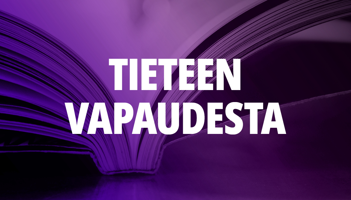 En lila bild på en öppen bok med den vita texten Tieteen vapaudesta mitt på.