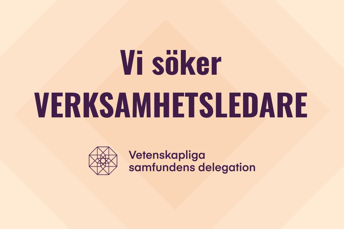 Text "Vi söker verksamhetsledare" och Vetenskapliga samfundens delegations logo.