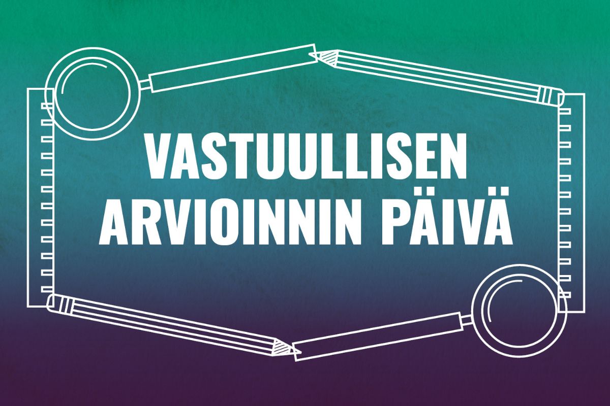 Vihreä-violetilla taustalla kaksi kynää, viivoitinta ja suurennuslasia. Tekstinä keskellä Vastuullisen arvioinnin päivä.