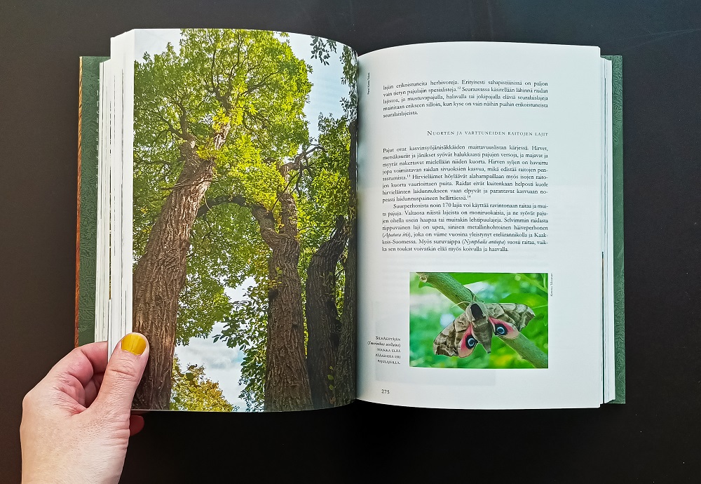 Avattu kirja, tekstiä ja kuva puista ja toinen kuva hyönteisestä.